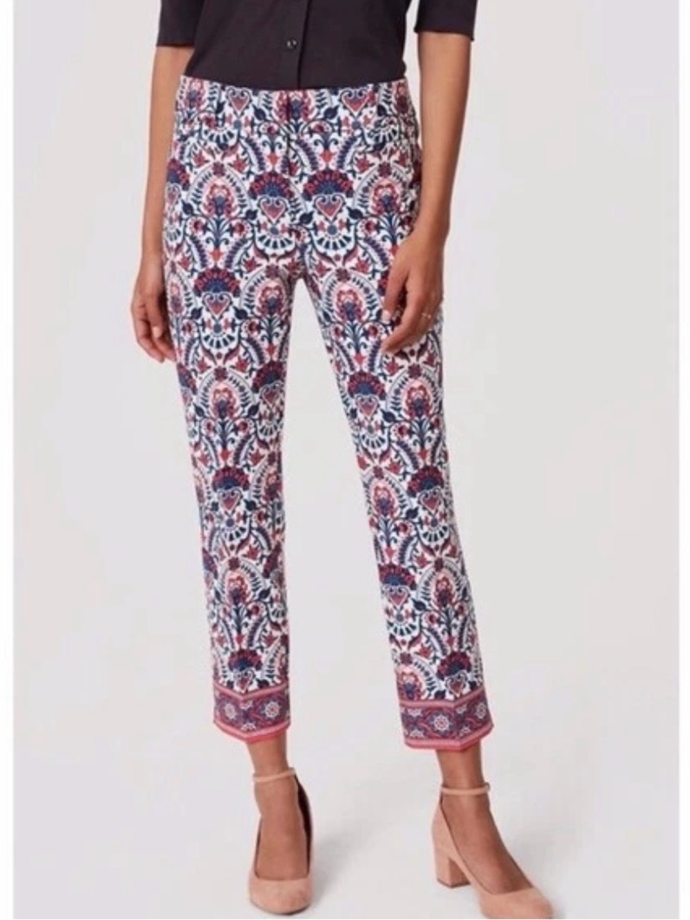 LOFT Marisa Riviera Crop Pants Sz 8 Pink Blue Medallion Print Stretch Cotton NWT